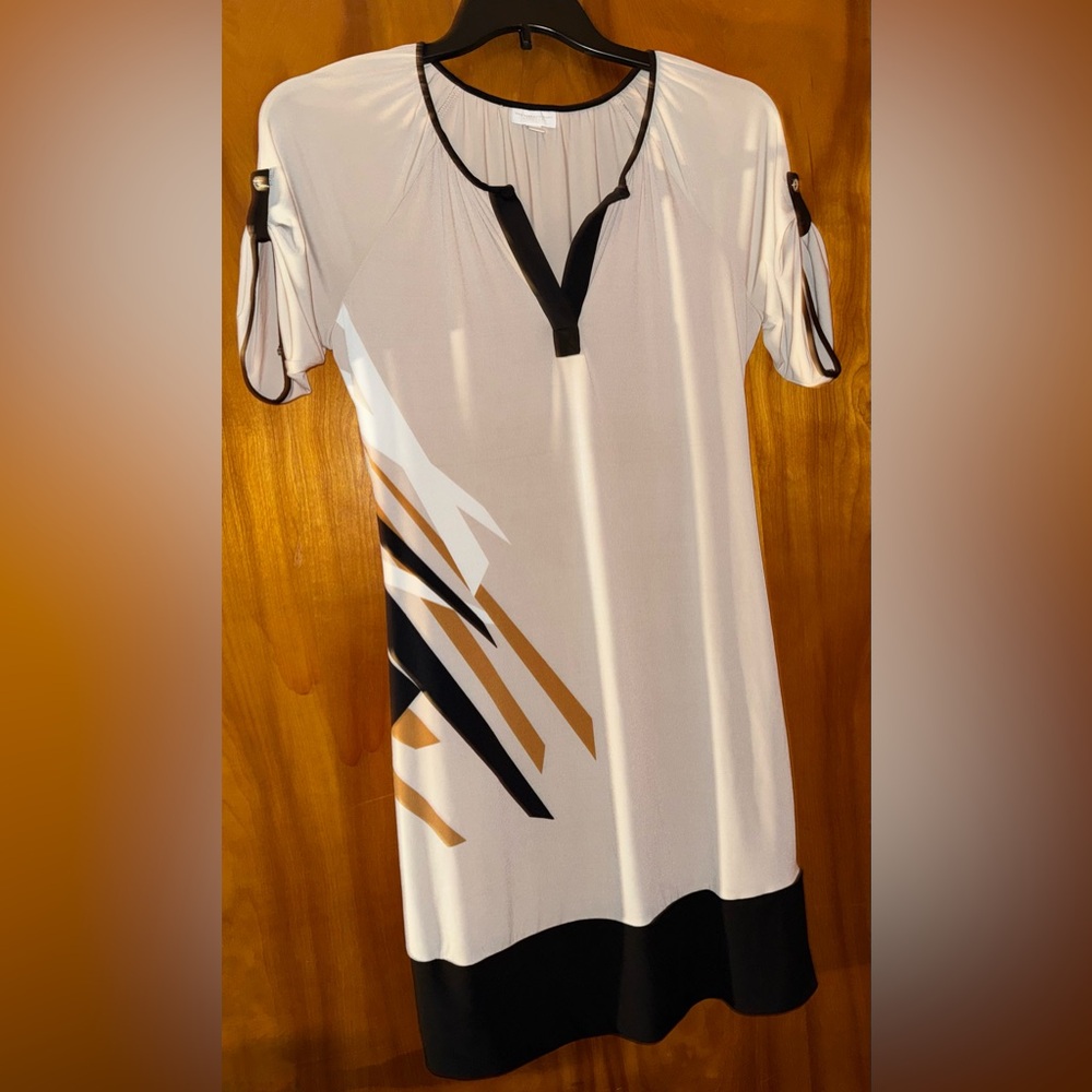 New York and Company Cream and Black Women's Dress with Black/Gold/White Pattern